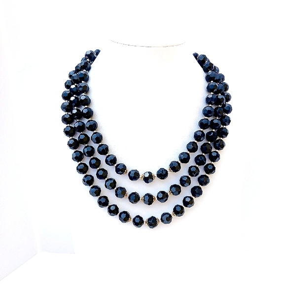 3 STRAND NECKLACE Vintage resin plastic Hong Kong black silvertone 17" - Picture 2 of 7